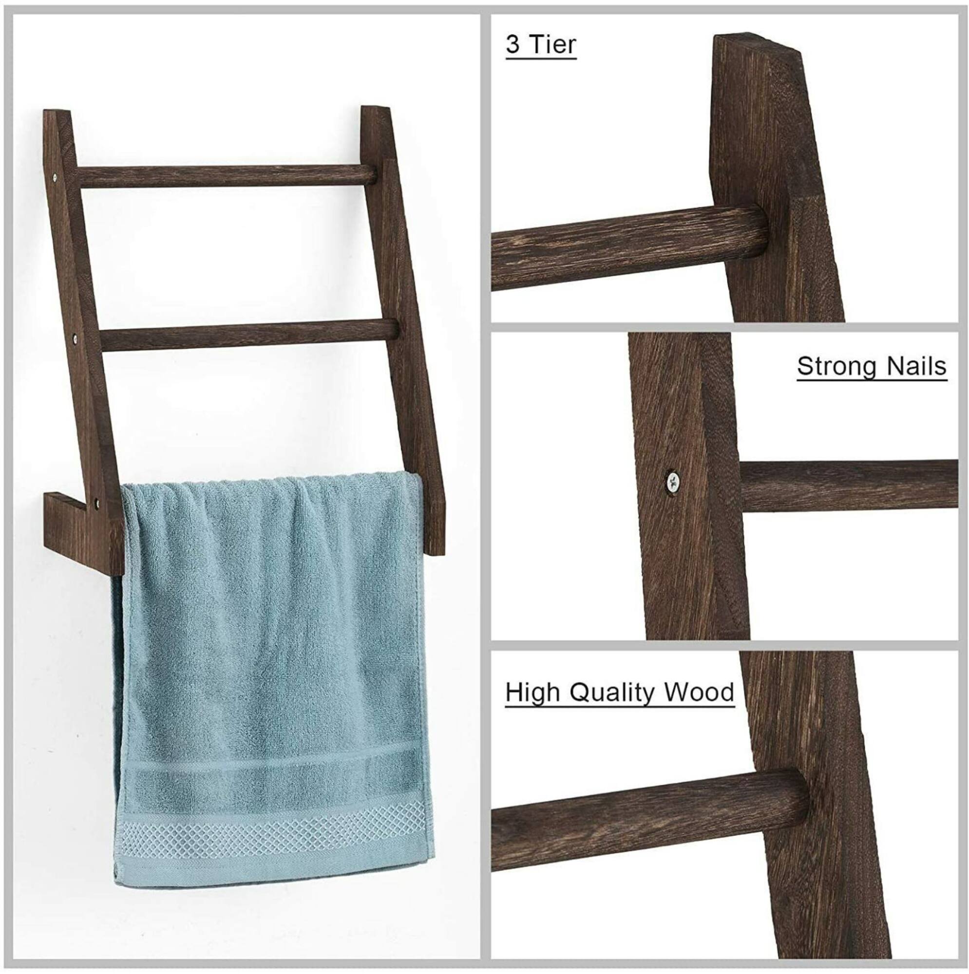 3-Tier Rustic Wood Farmhouse Wall Hanging Ladder Towel Rack